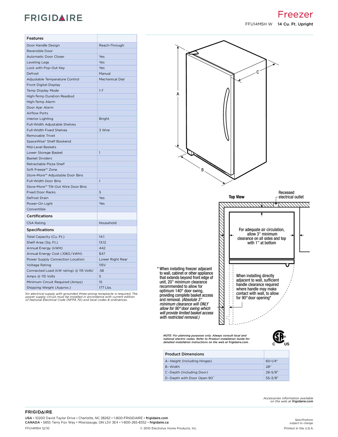 Frigidaire FFU14M5HW dimensions Features, Certifications, Specifications, Product Dimensions 