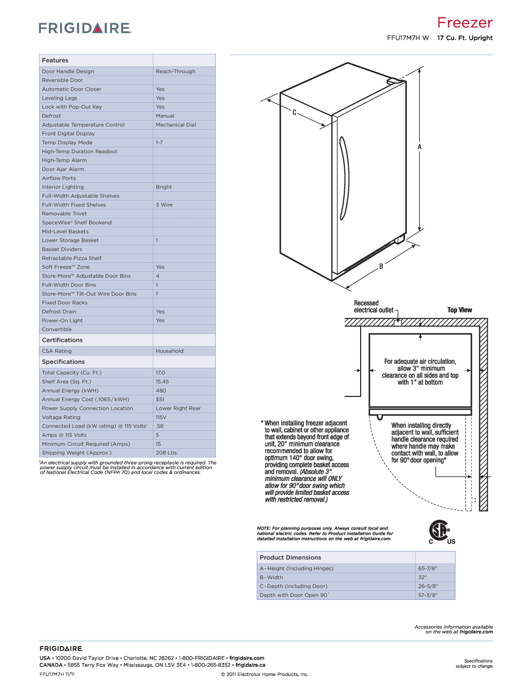 Frigidaire FFU17M7H W dimensions Freezer, Features, Certifications, Specifications, Product Dimensions 