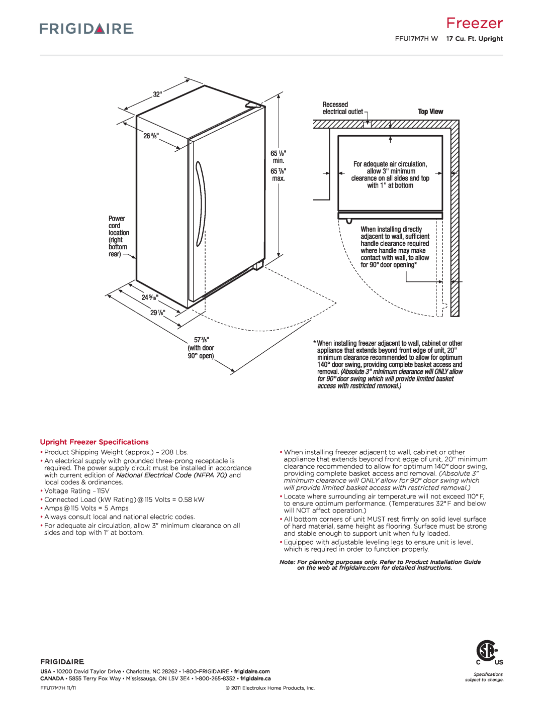 Frigidaire FFU17M7H W dimensions Upright Freezer Specifications 