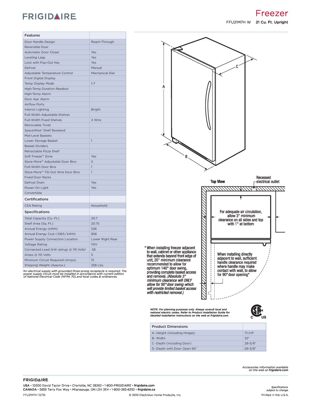 Frigidaire FFU21M7HW dimensions Freezer, FFU21M7H W 21 Cu. Ft. Upright 