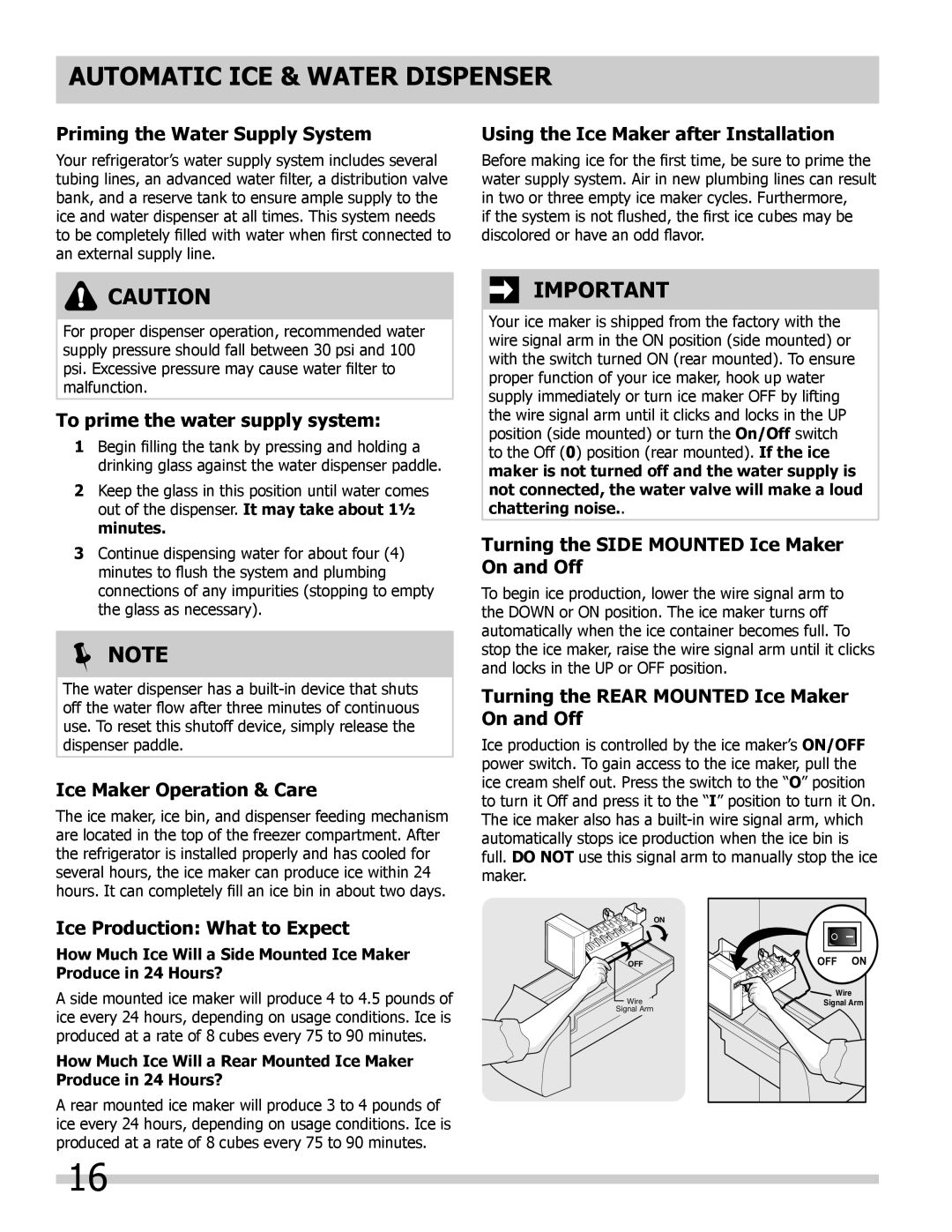 Frigidaire FFUS2613LE Priming the Water Supply System, Using the Ice Maker after Installation, Ice Maker Operation & Care 