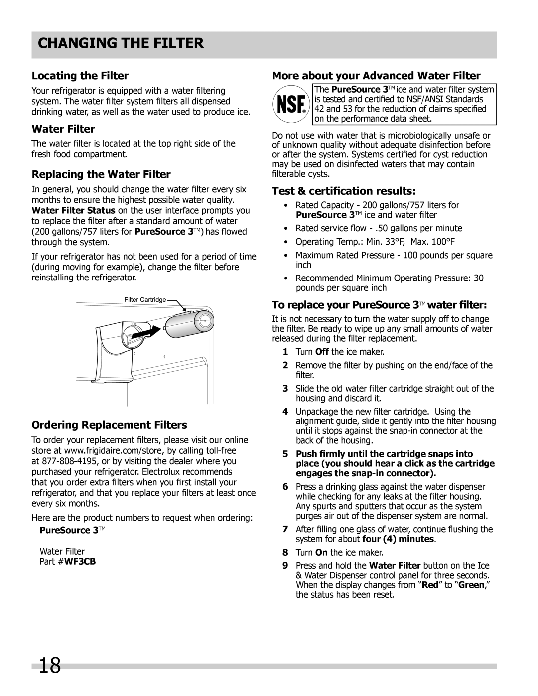 Frigidaire FFHS2322MQ, FFUS2613LM manual Locating the Filter, Replacing the Water Filter, Ordering Replacement Filters 