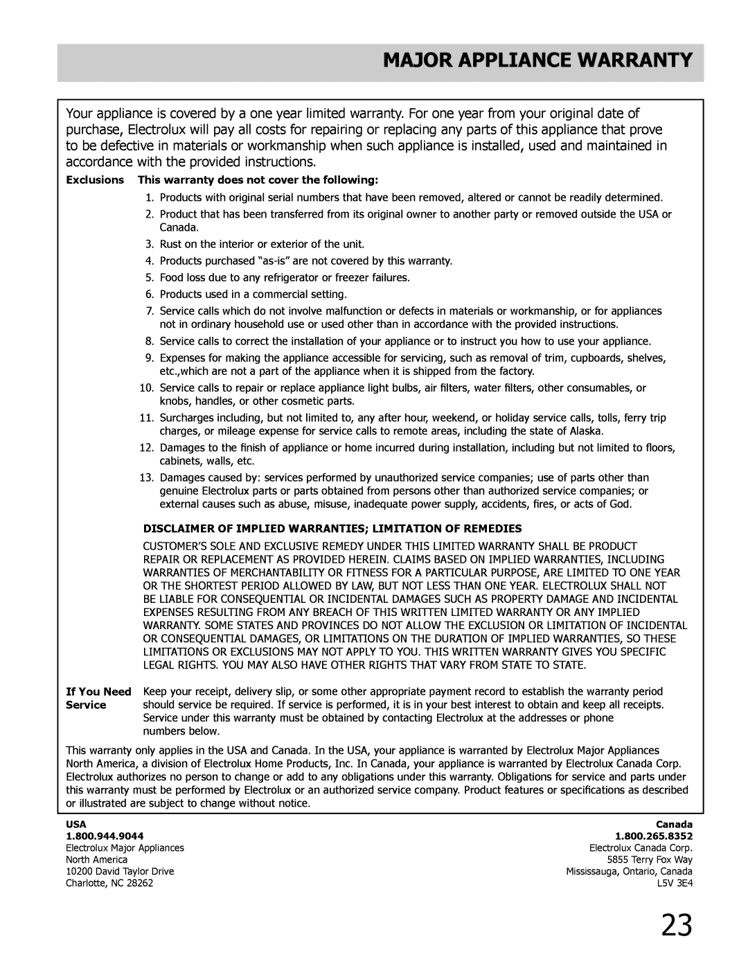 Frigidaire FFHS2322MQ, FFUS2613LM manual Major appliance warranty, Exclusions This warranty does not cover the following 