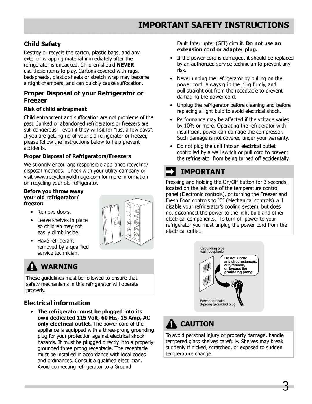 Frigidaire FFHS2322MQ, FFUS2613LM Child Safety, Proper Disposal of your Refrigerator or Freezer, Electrical information 