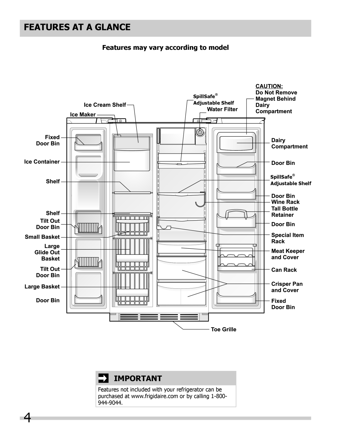 Frigidaire FFHS2322MM, FFUS2613LM Features At a Glance, Features may vary according to model, SpillSafe Adjustable Shelf 