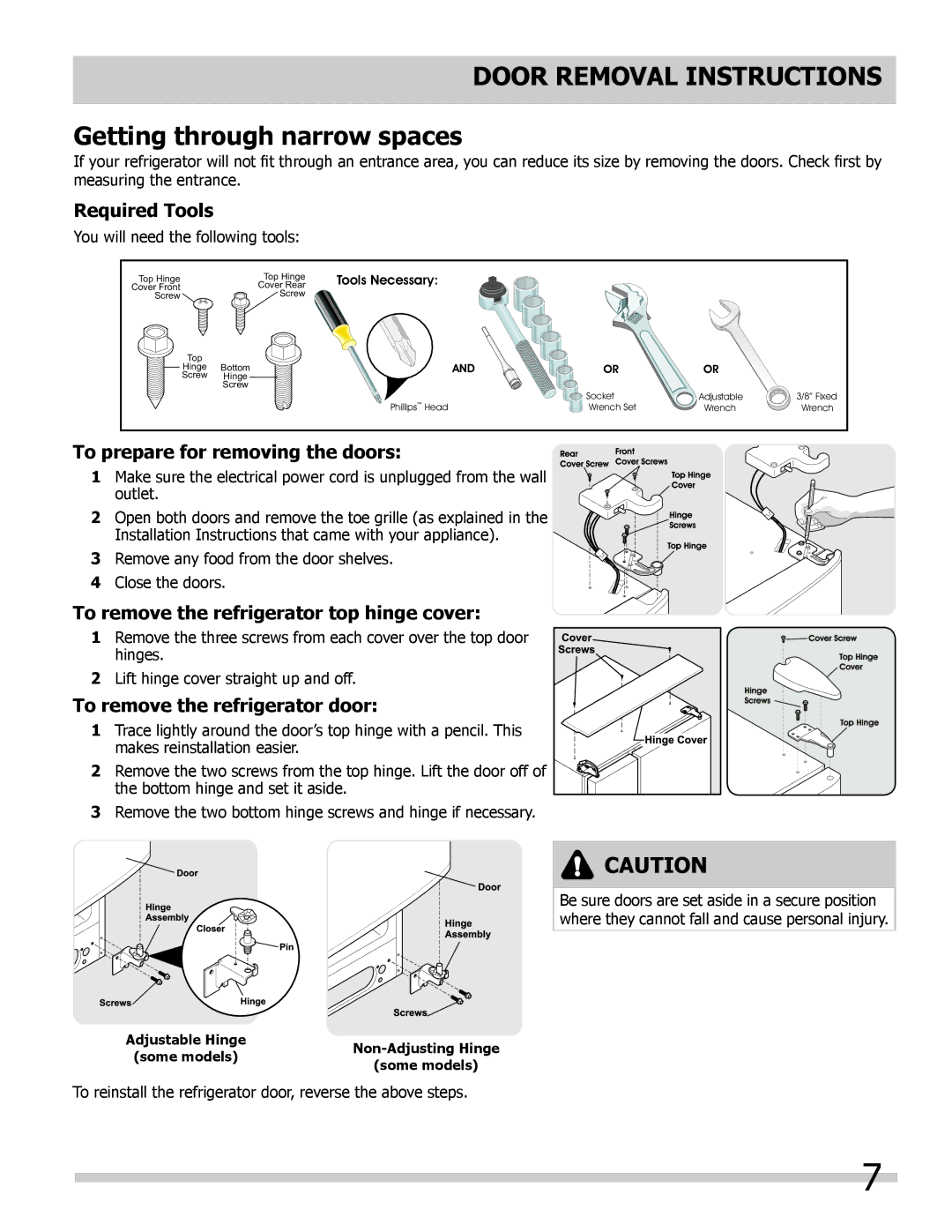 Frigidaire FFUS2613LP, FFUS2613LM, FFUS2613LE manual Door Removal Instructions Getting through narrow spaces, Required Tools 