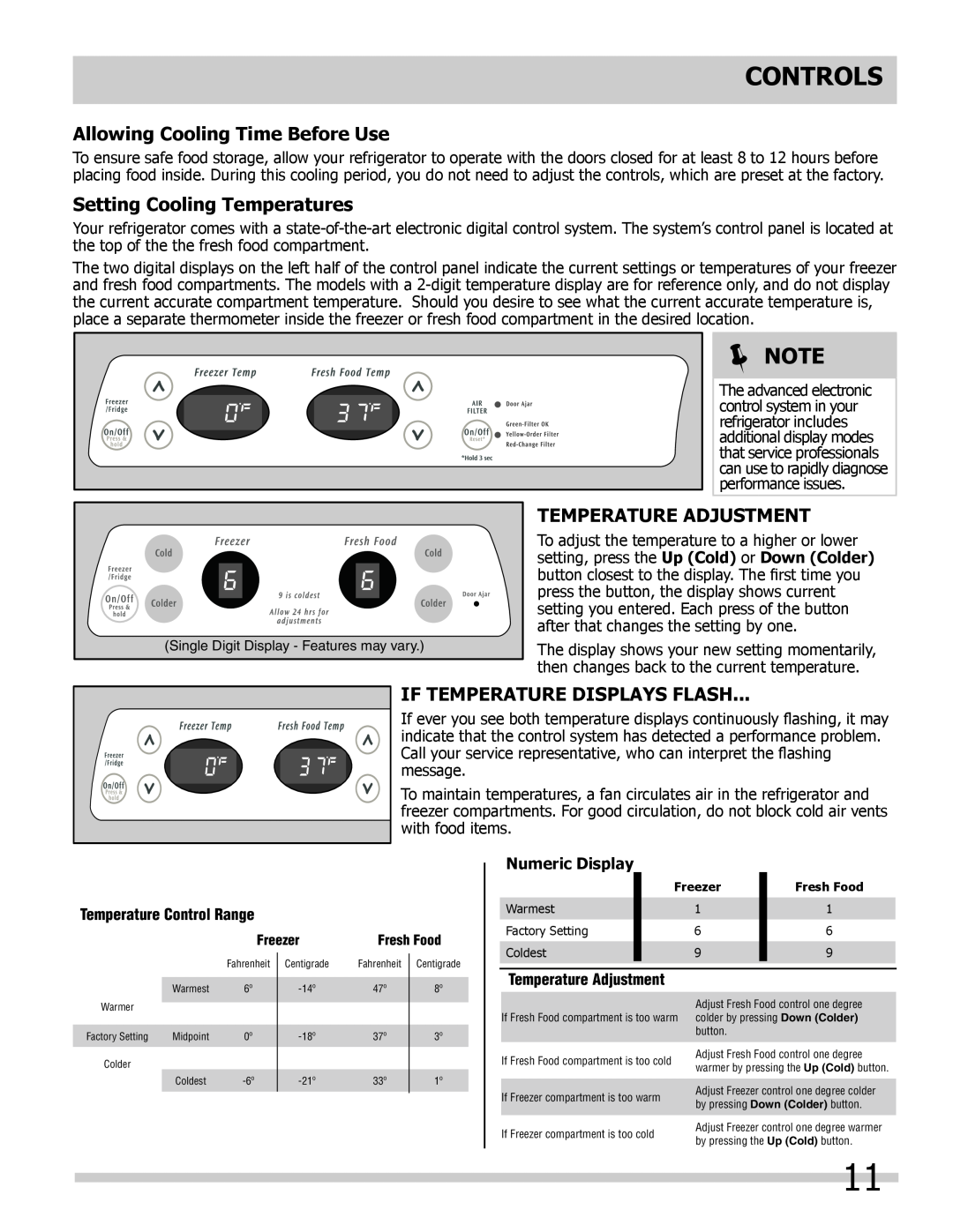 Frigidaire FFUS2613LE Allowing Cooling Time Before Use, Setting Cooling Temperatures, Temperature Adjustment, Controls 
