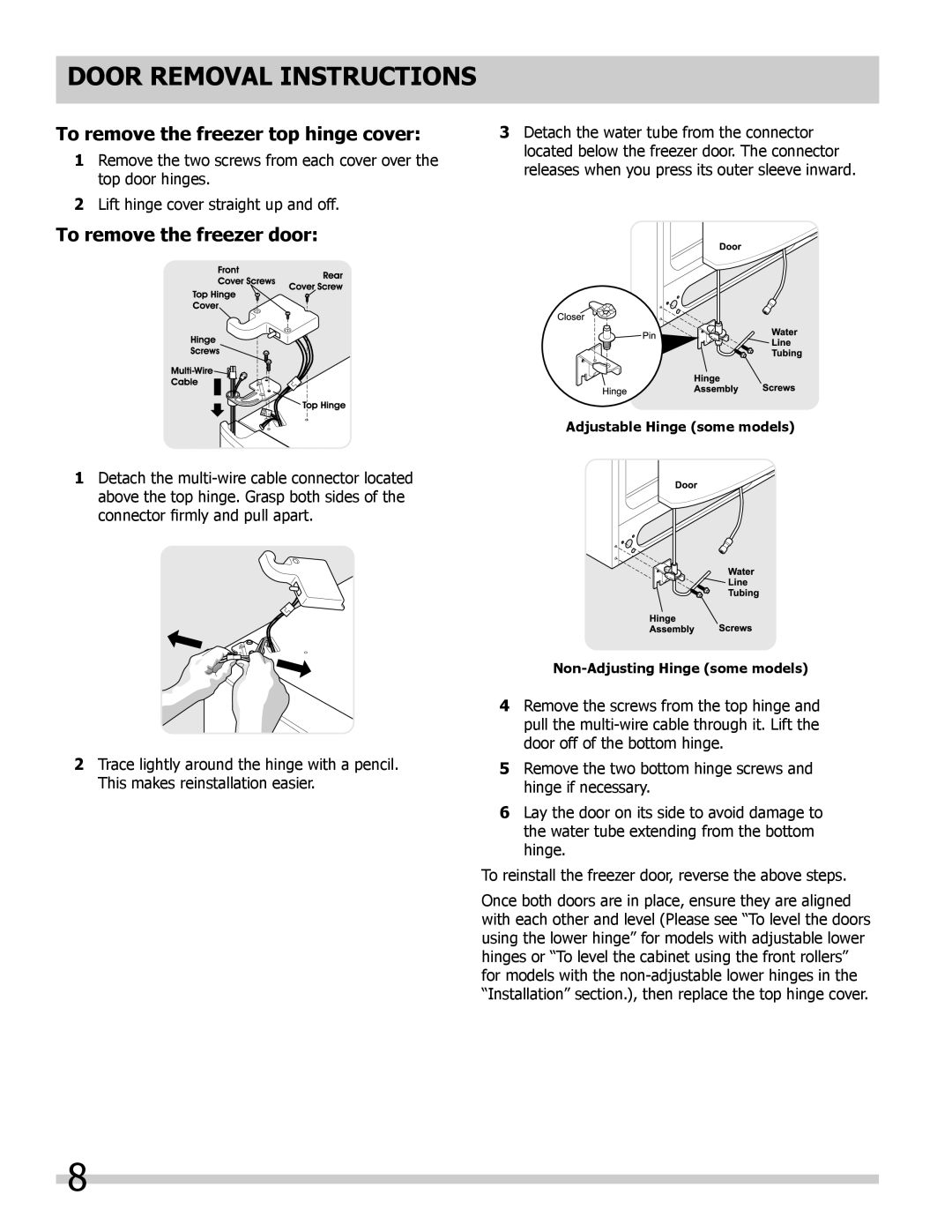Frigidaire FFHS2322MQ manual To remove the freezer top hinge cover, To remove the freezer door, Door Removal Instructions 