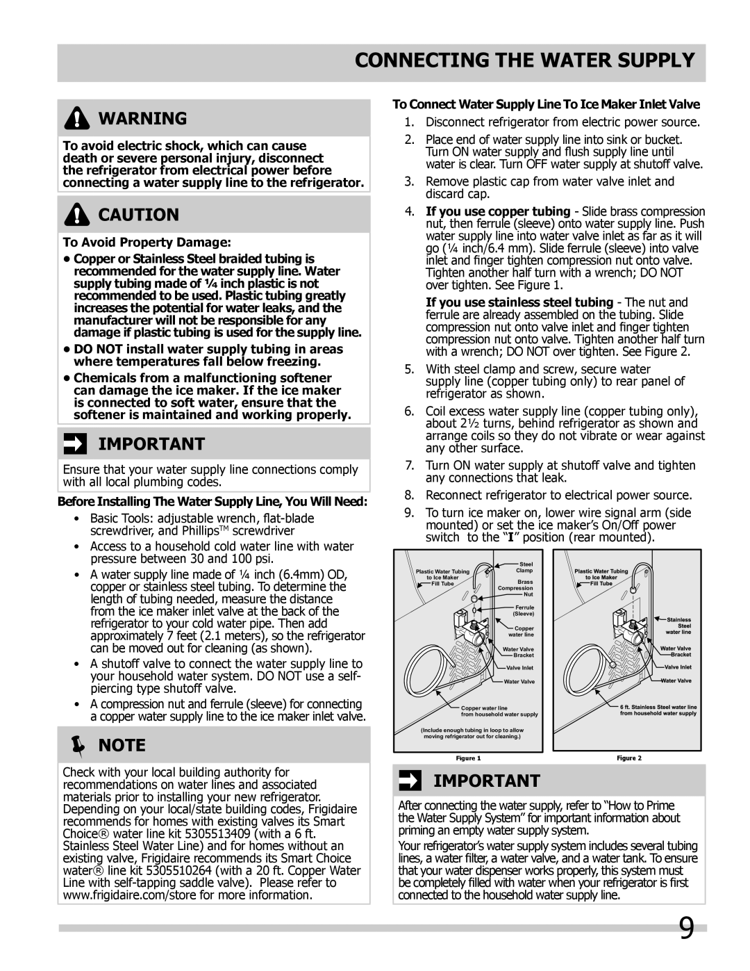 Frigidaire FFHS2322MM, FFUS2613LM, FFUS2613LE, FFUS2613LP, FFHS2322MQ manual Connecting the Water Supply, Note 