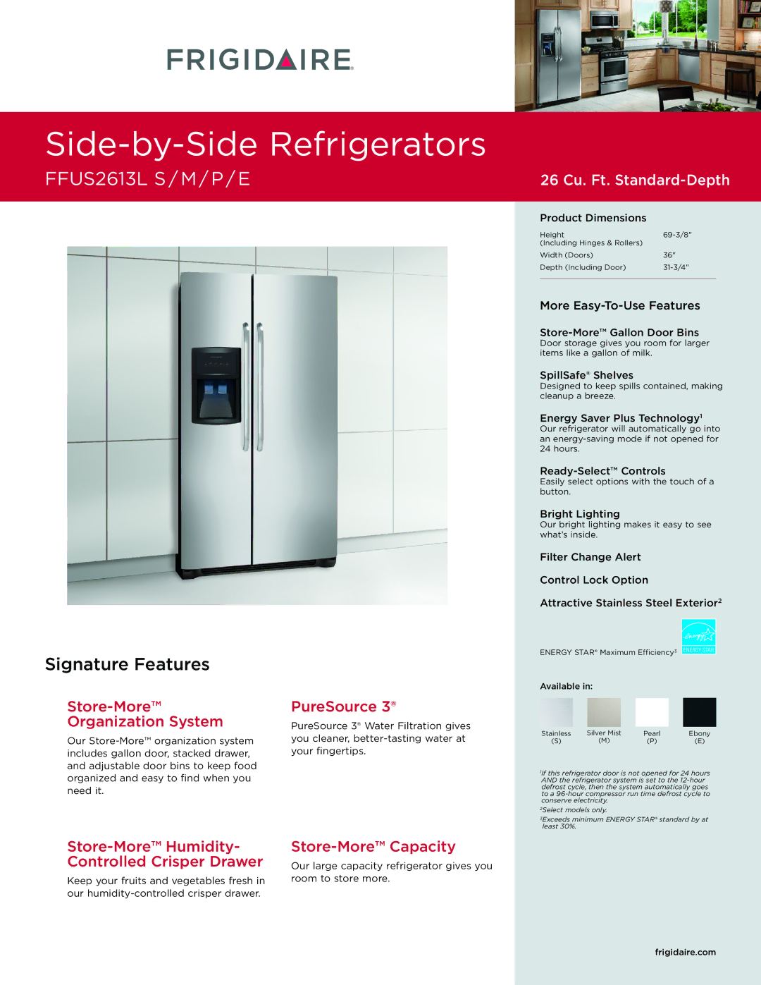 Frigidaire FFUS2613LS dimensions Store-More Organization System, PureSource 