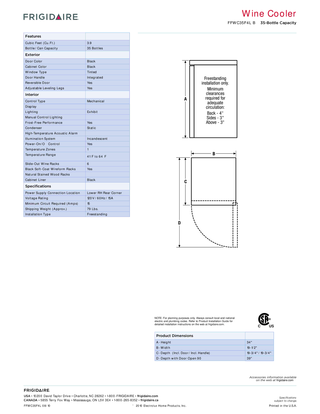 Frigidaire FFWC35F4L B dimensions Features, Exterior, Interior, Specifications, Product Dimensions 