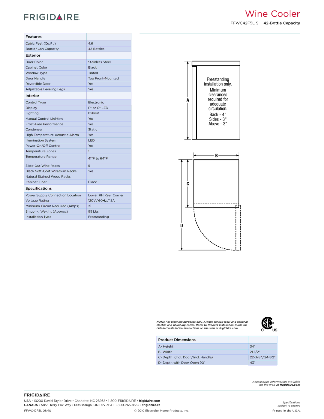 Frigidaire FFWC42F5L S dimensions Features, Exterior, Interior, Specifications, Product Dimensions 