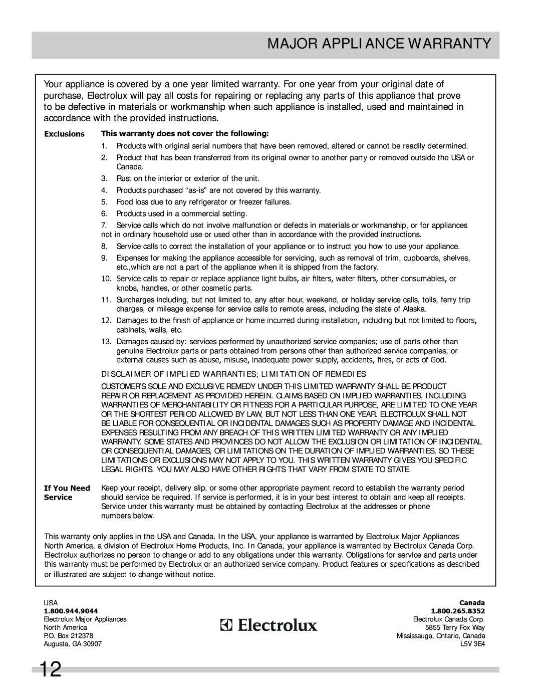 Frigidaire FFWC42F5LS, FFWC38F6LS Major appliance warranty, Exclusions This warranty does not cover the following 