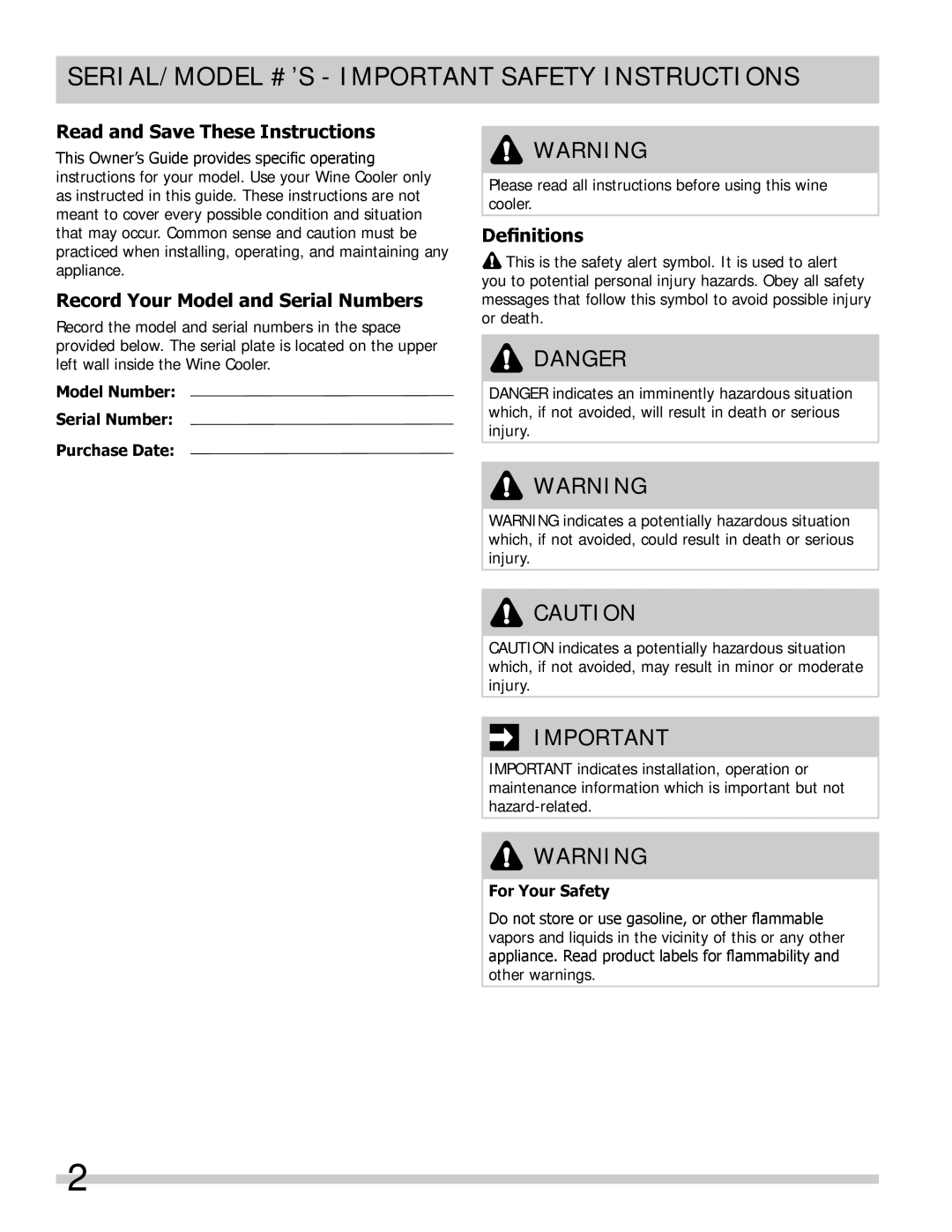 Frigidaire FFWC42F5LS SERIAL/MODEL #’S Important Safety Instructions, Read and Save These Instructions, Definitions 