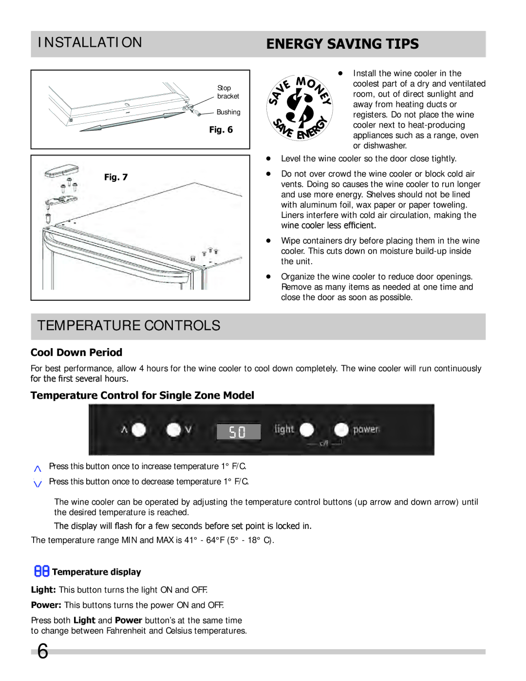 Frigidaire FFWC42F5LS Installation Energy Saving Tips, Temperature Controls, Cool Down Period, Temperature display 