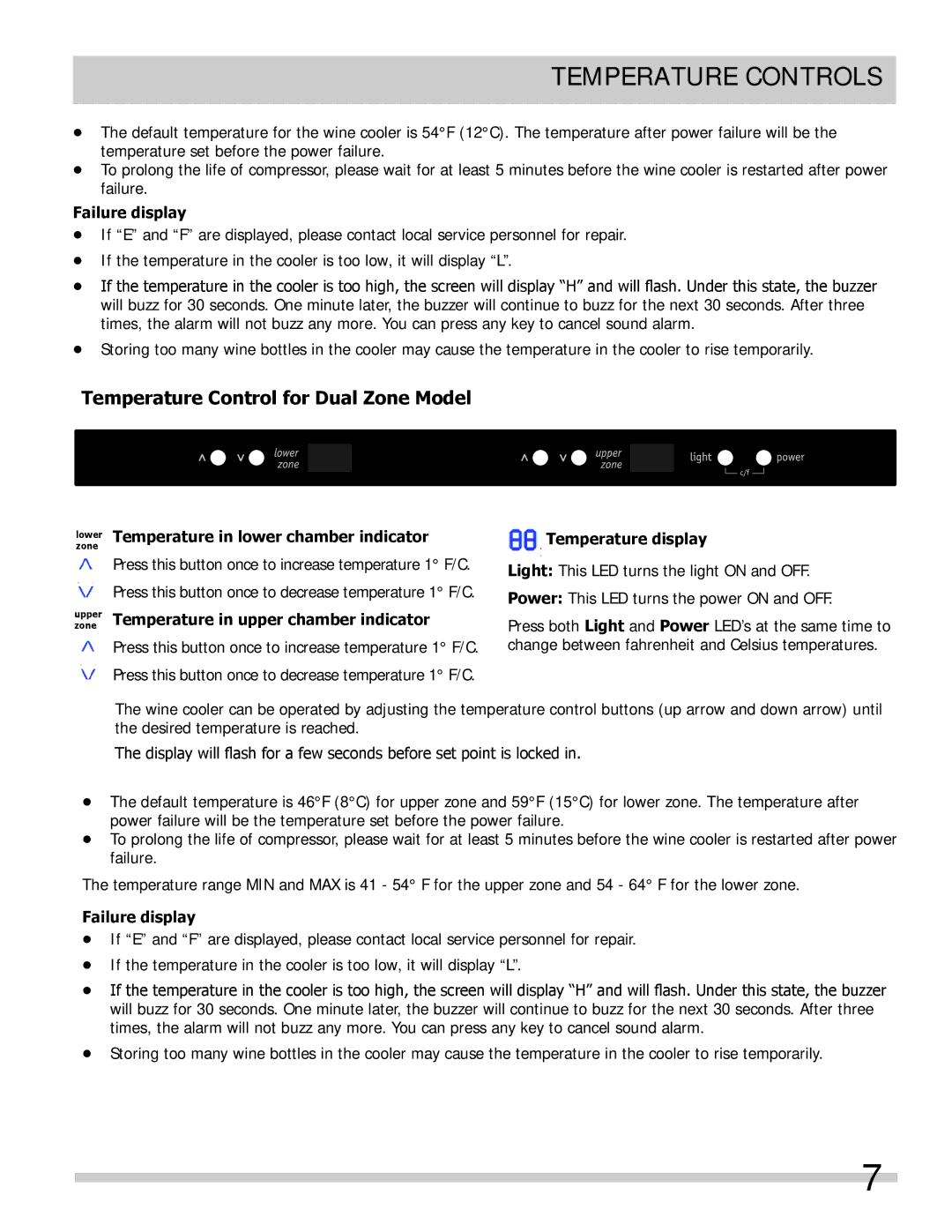 Frigidaire FFWC38F6LS Temperature Control for Dual Zone Model, Failure display, Temperature in upper chamber indicator 