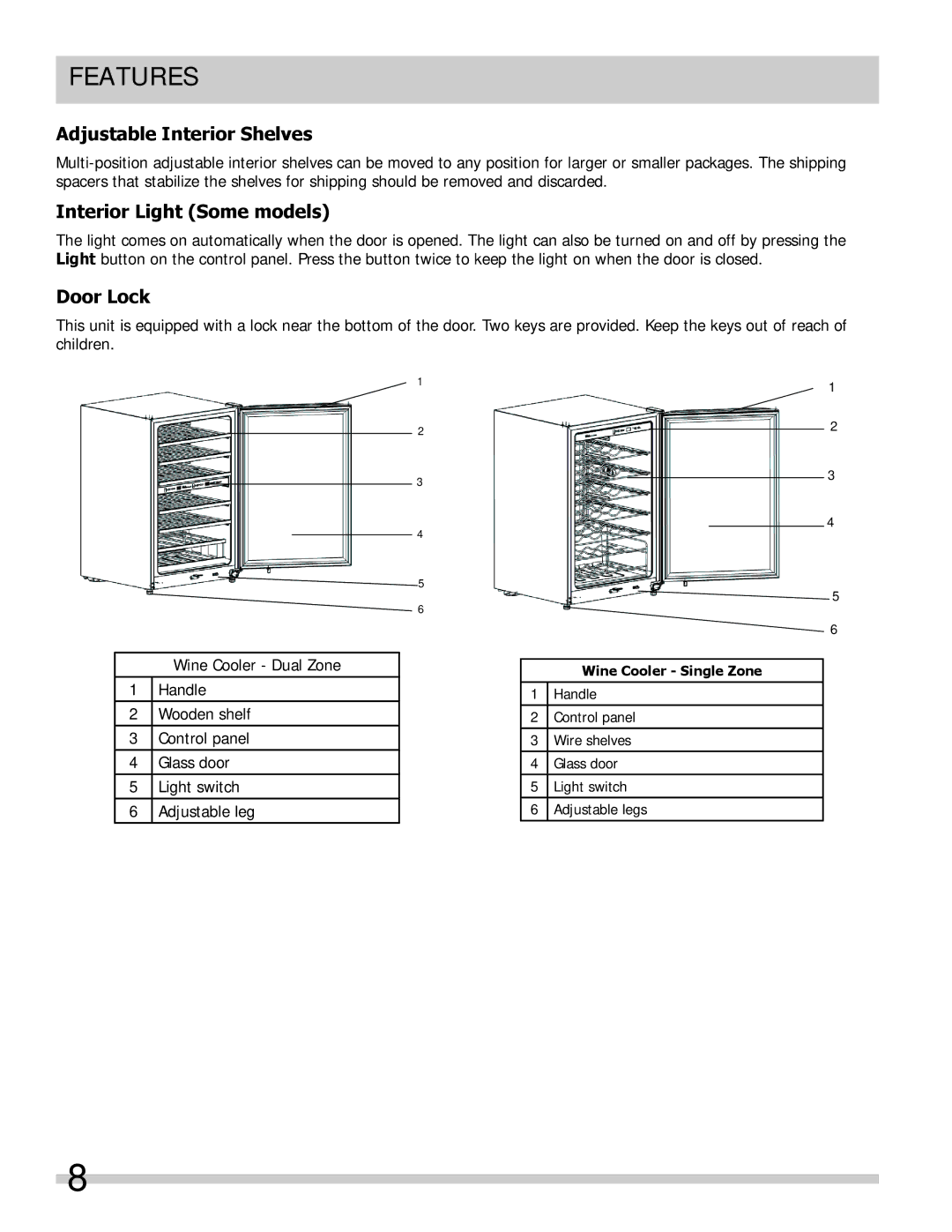 Frigidaire FFWC42F5LS, FFWC38F6LS Features, Adjustable Interior Shelves, Interior Light Some models, Door Lock 