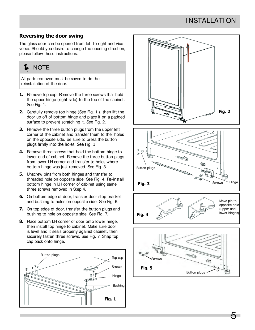 Frigidaire FFWC38F6LS, FFWC42F5LS important safety instructions Installation, Reversing the door swing,  Note 