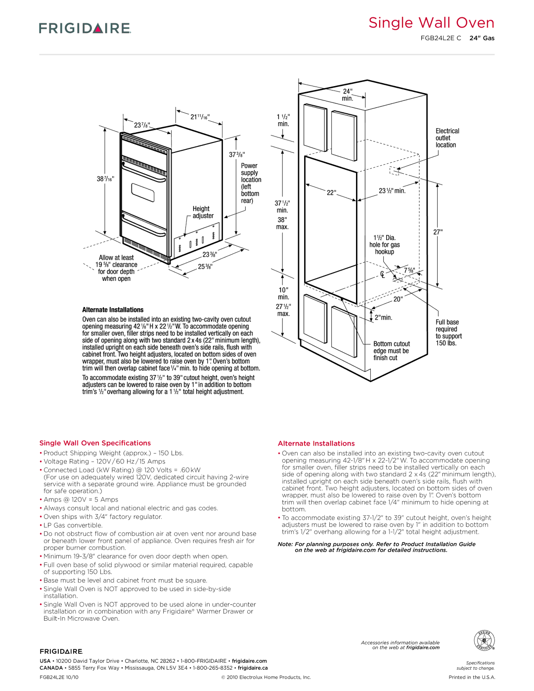 Frigidaire FGB24L2E C dimensions Single Wall Oven Specifications 