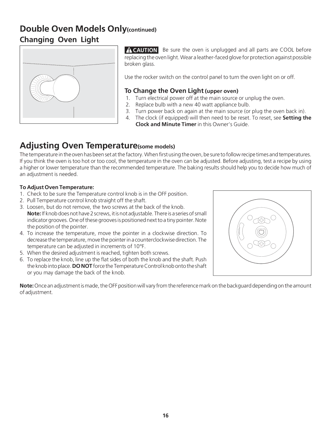 Frigidaire FGB24S5AB, FGB24S5AS, FGB24L2AS Adjusting Oven Temperaturesome models, To Change the Oven Light upper oven 