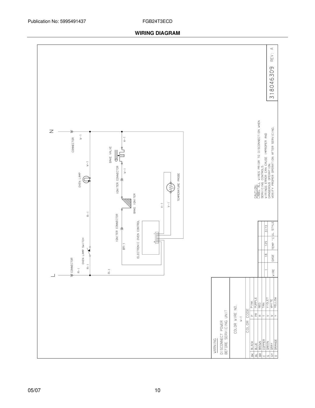 Frigidaire FGB24T3E installation instructions Wiring Diagram 