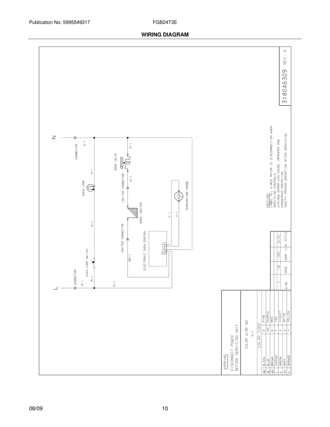 Frigidaire FGB24T3E installation instructions Wiring Diagram 