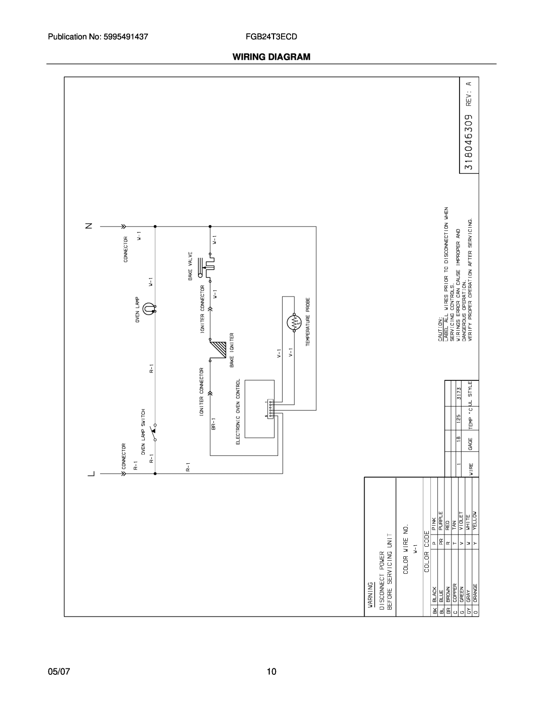 Frigidaire FGB24T3E installation instructions Wiring Diagram, 05/07 