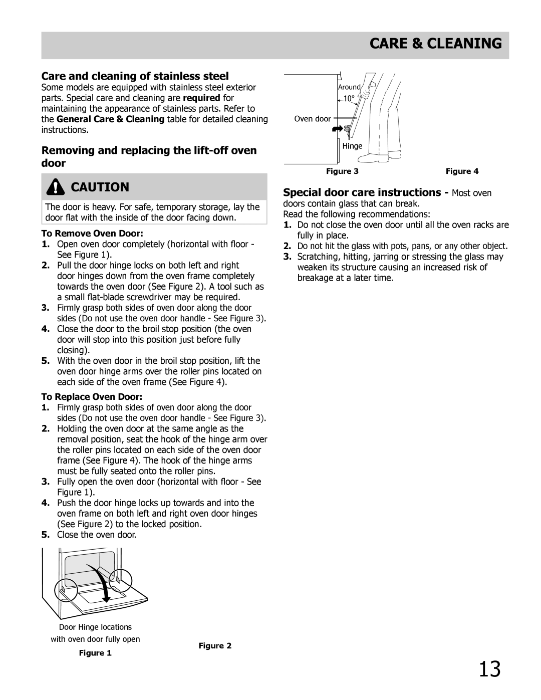 Frigidaire FGB24T3ES, FGB24T3EC Care and cleaning of stainless steel, Removing and replacing the lift-off oven door 
