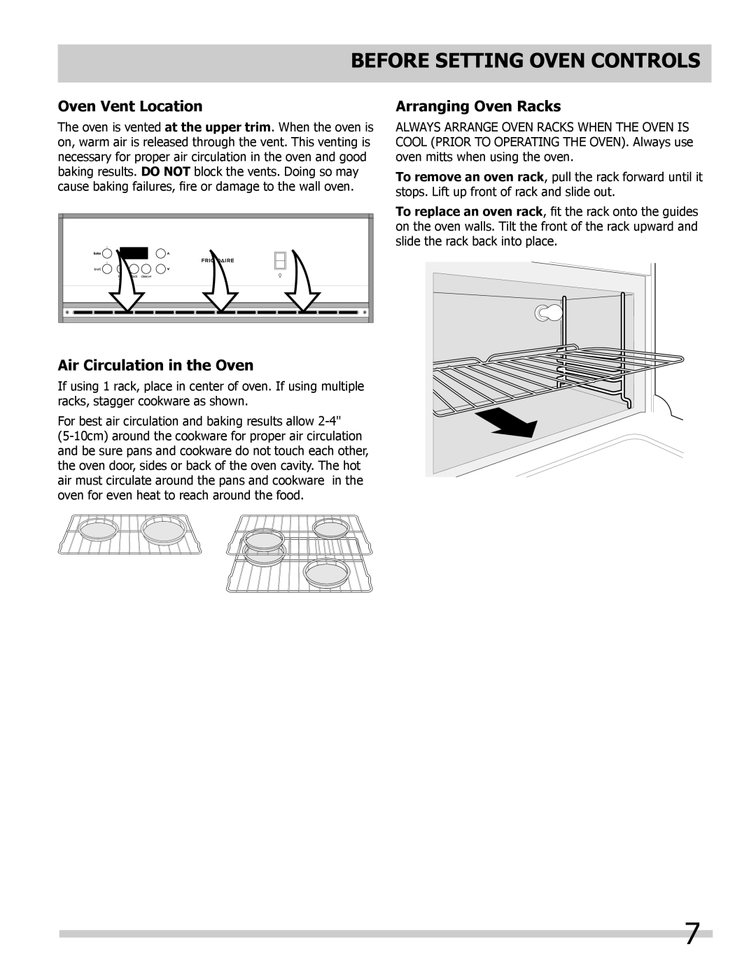 Frigidaire FGB24T3ES Before Setting Oven Controls, Oven Vent Location, Arranging Oven Racks, Air Circulation in the Oven 