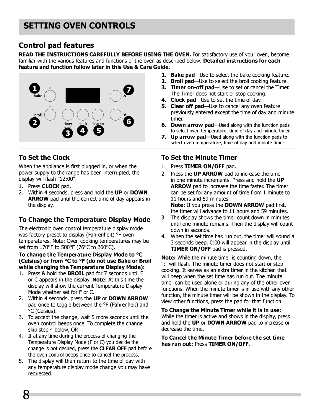 Frigidaire FGB24T3EB, FGB24T3EC, FGB24T3ES Setting Oven controls, To Set the Clock, To Change the Temperature Display Mode 