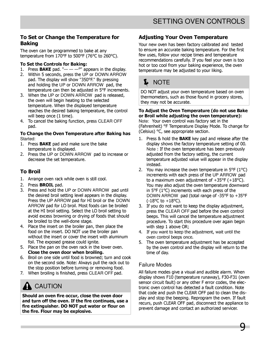 Frigidaire FGB24T3EC To Set or Change the Temperature for Baking, To Broil, Adjusting Your Oven Temperature, Failure Modes 