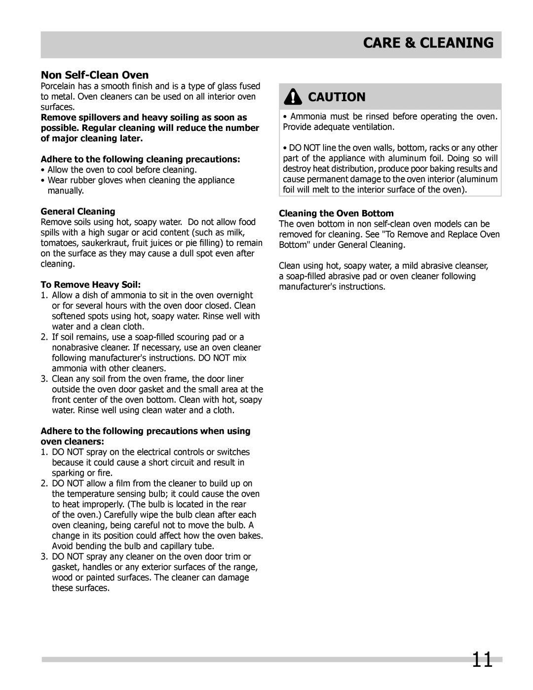 Frigidaire FGB24T3EB, FGB24T3EC, FGB24T3ES important safety instructions Care & Cleaning, Non Self-CleanOven 
