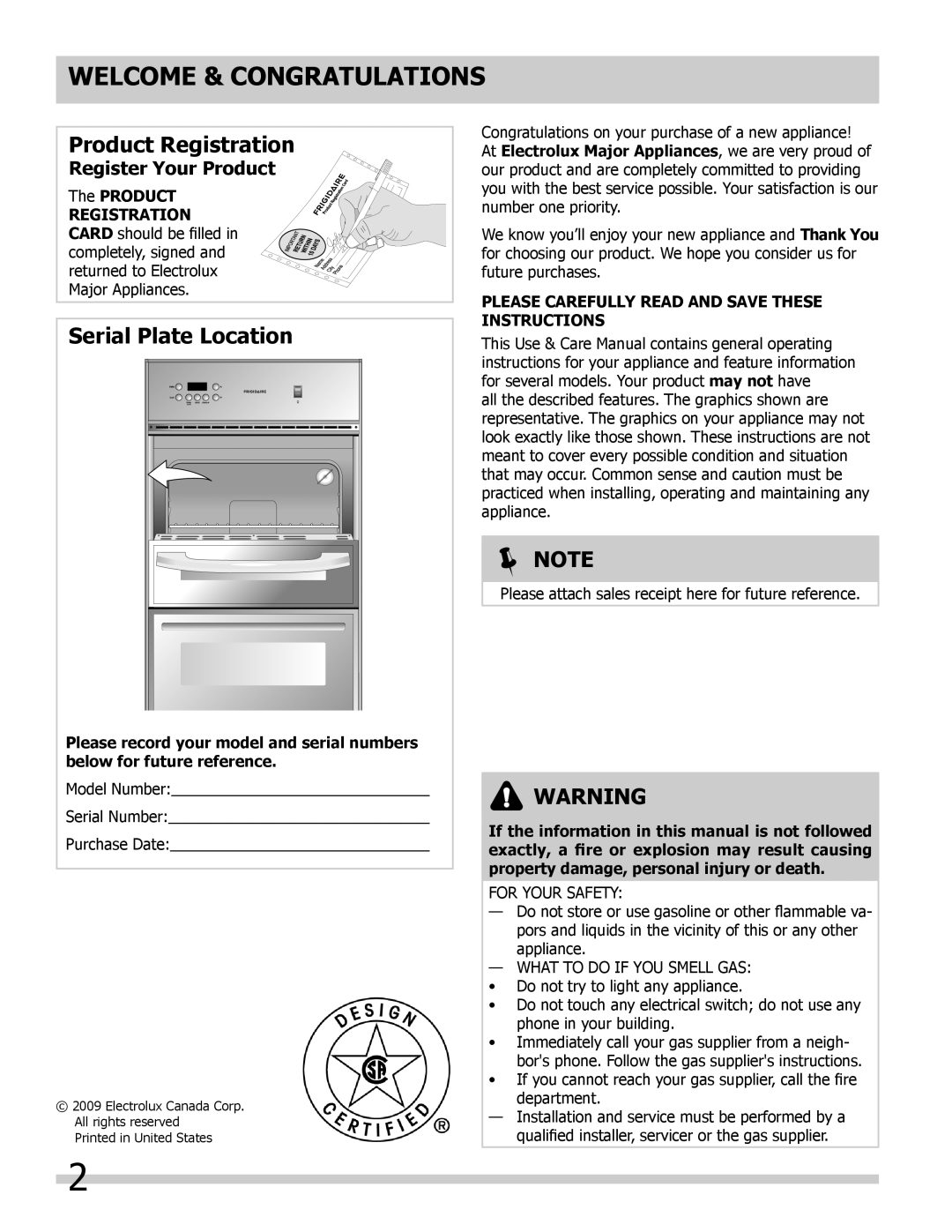 Frigidaire FGB24T3EB Welcome & Congratulations, Product Registration, Serial Plate Location, Note, Register Your Product 