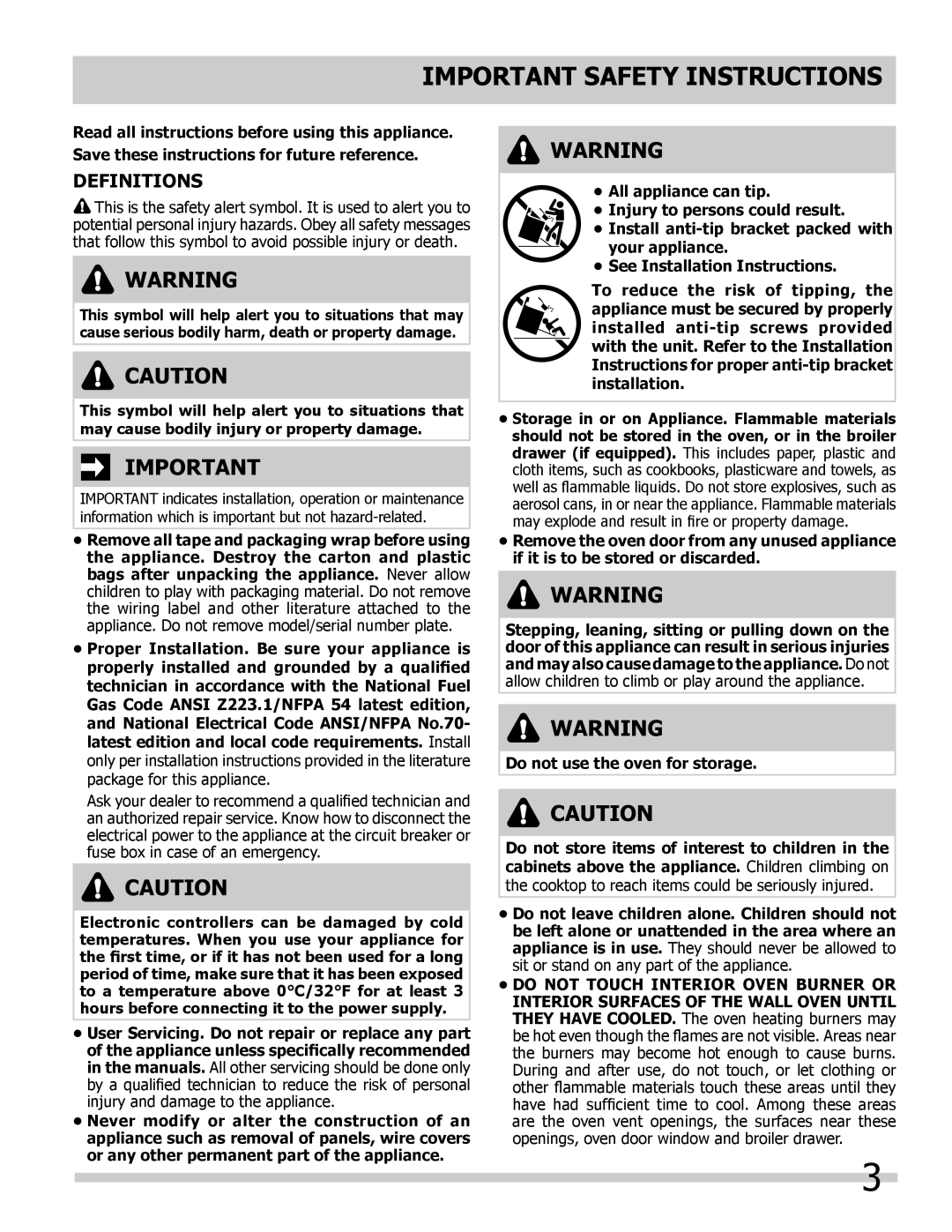 Frigidaire FGB24T3EC, FGB24T3ES, FGB24T3EB important safety instructions Important Safety Instructions, Definitions 