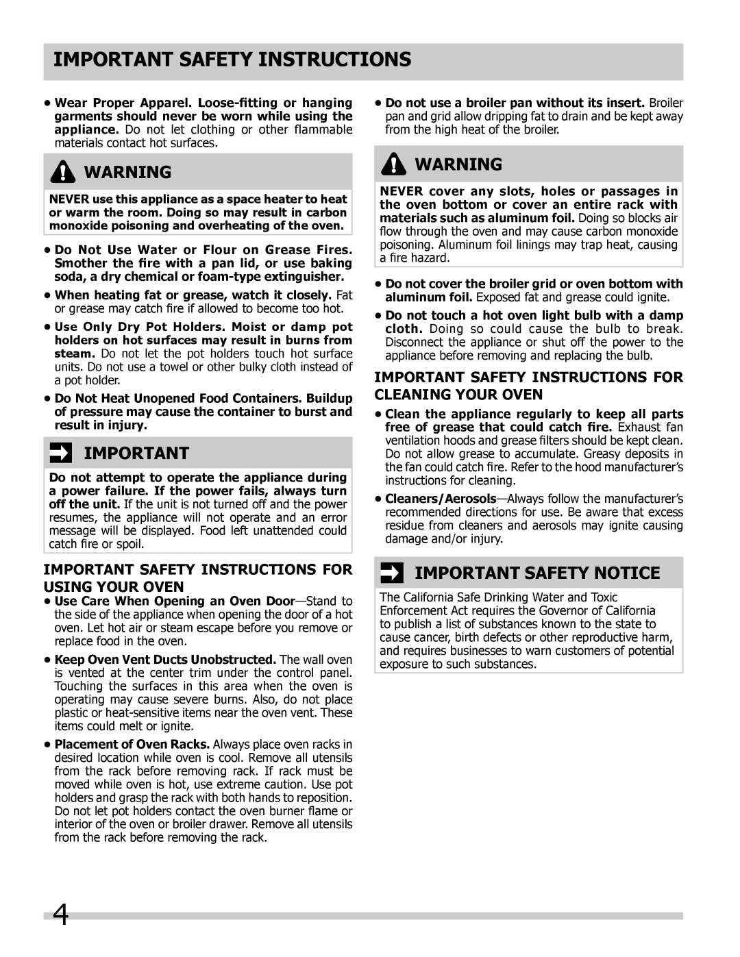 Frigidaire FGB24T3ES, FGB24T3EC, FGB24T3EB Important Safety Notice, Important Safety Instructions For Using Your Oven 