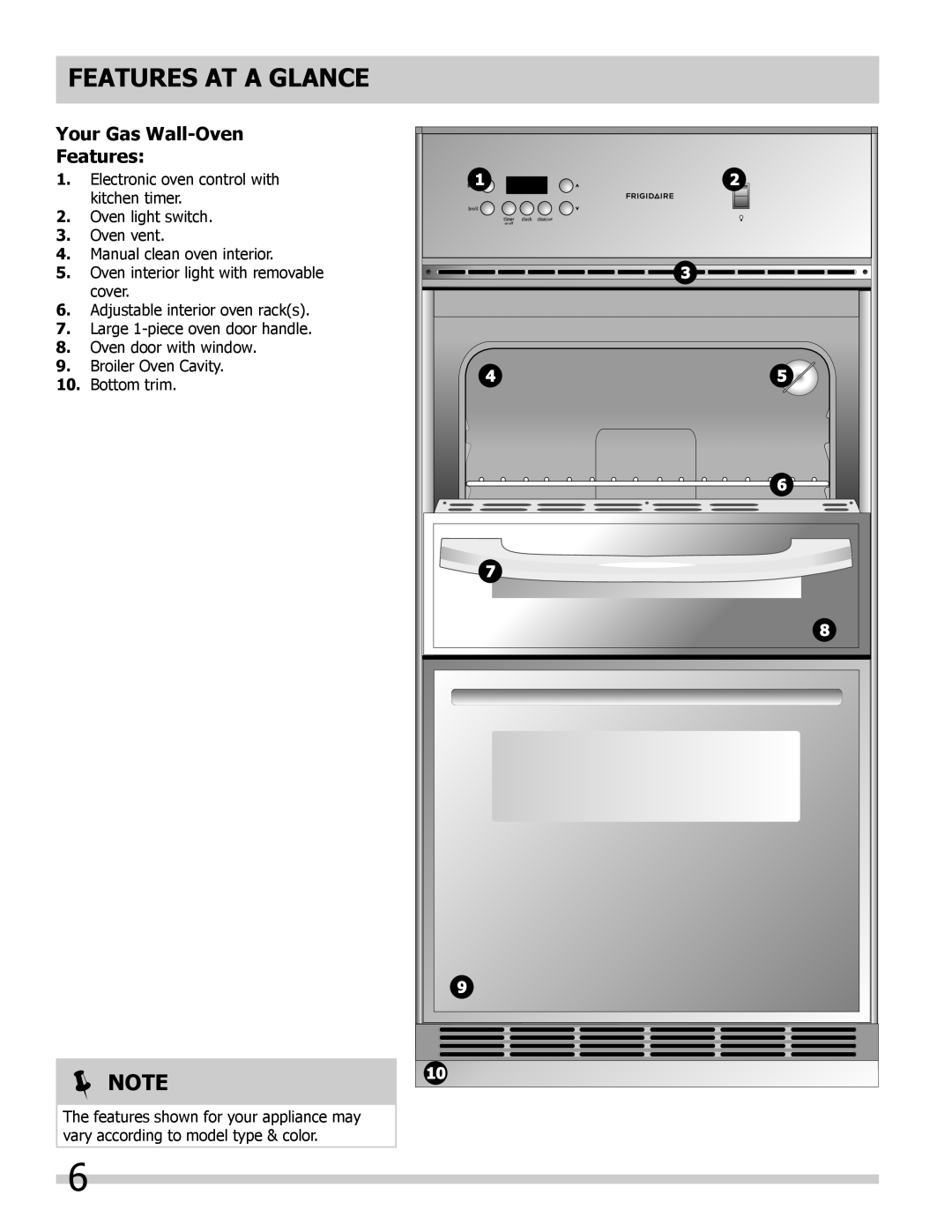 Frigidaire FGB24T3EC, FGB24T3ES, FGB24T3EB Features At A Glance, Your Gas Wall-Oven Features, Note 