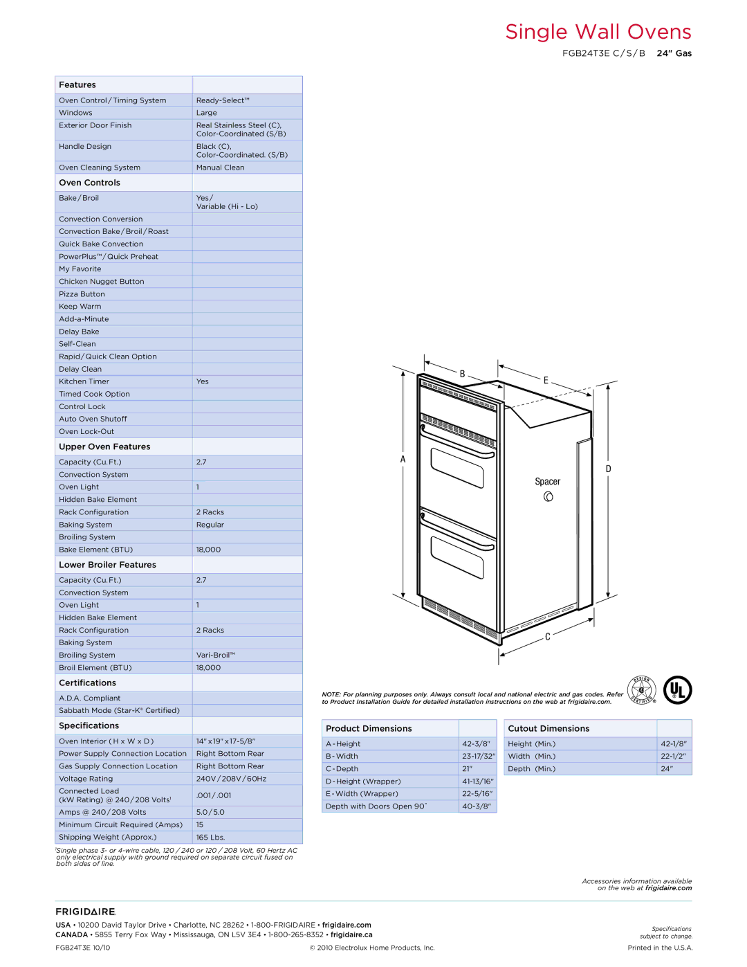 Frigidaire FGB24T3EC dimensions Spacer 