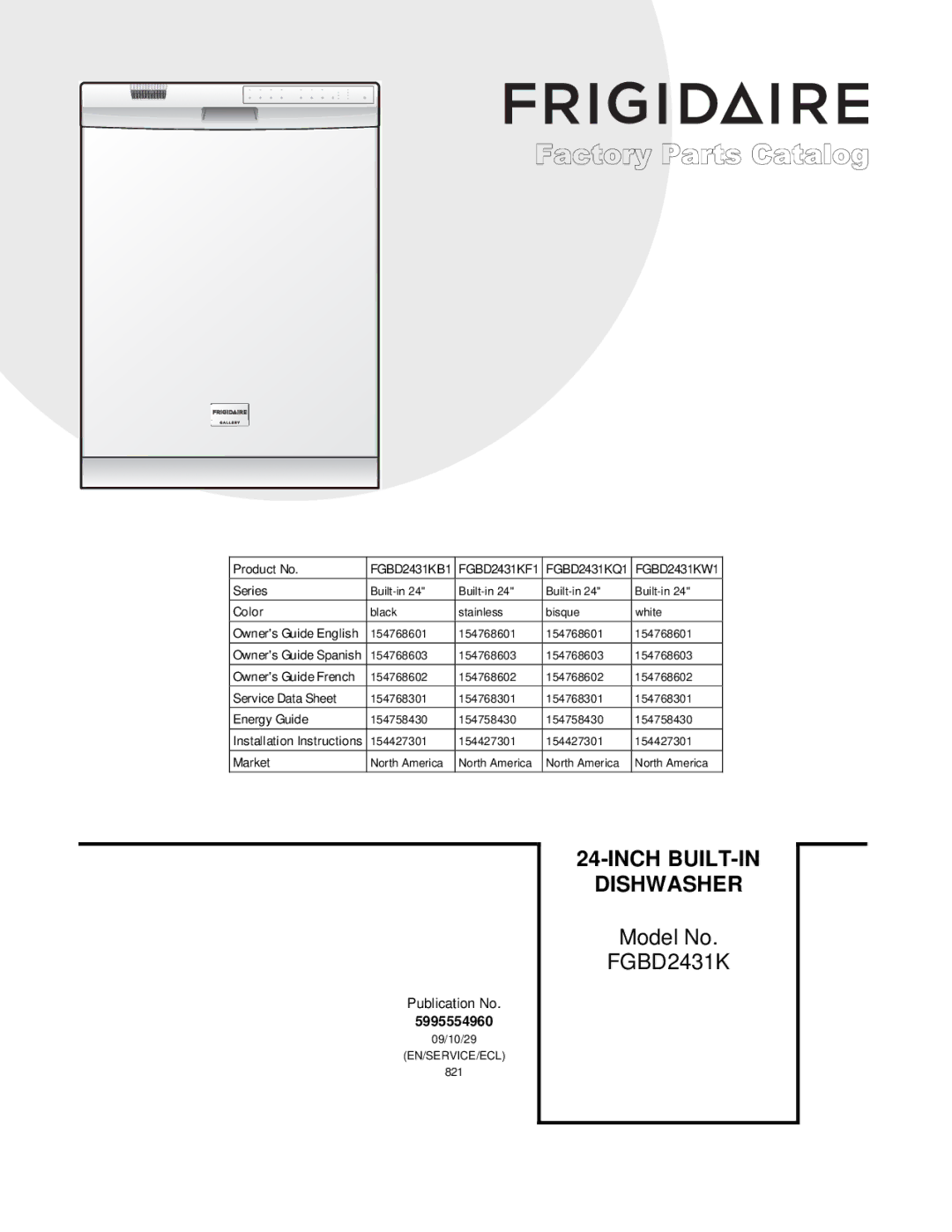 Frigidaire FGBD2431KB1 installation instructions Dishwasher 