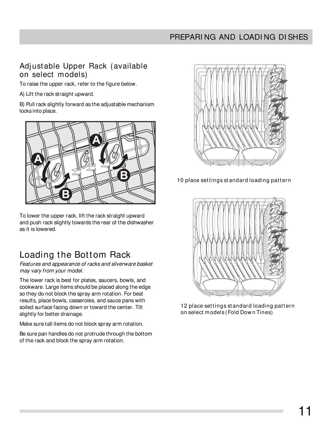 Frigidaire 154881901, FGBD2431KF, FGBD2431KW Loading the Bottom Rack, Adjustable Upper Rack available on select models 