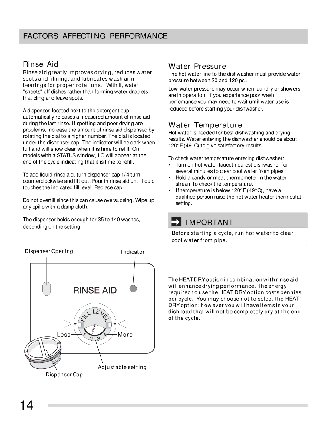 Frigidaire FGBD2431KB, FGBD2431KF Factors Affecting Performance, Rinse Aid, Water Pressure, Water Temperature, Less More 