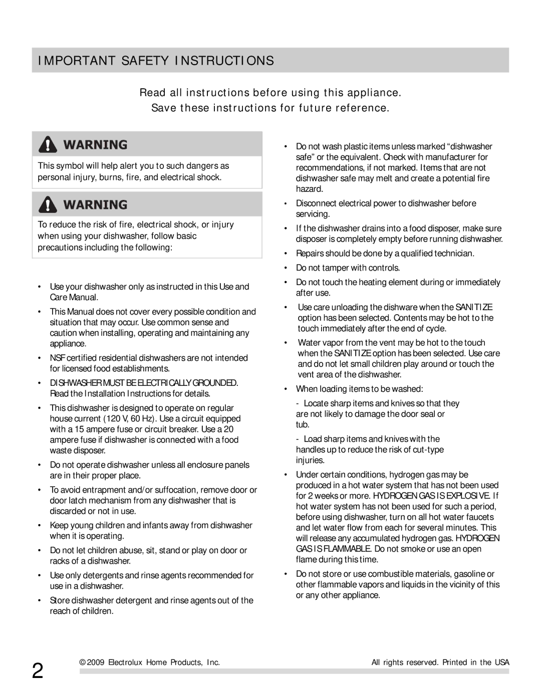 Frigidaire FGBD2431KB, FGBD2431KF, FGBD2431KW, 154881901 important safety instructions Important Safety Instructions 