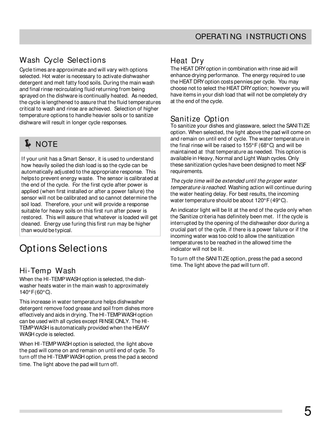 Frigidaire FGBD2431KW, FGBD2431KF, FGBD2431KB, 154881901 Options Selections, Operating Instructions 