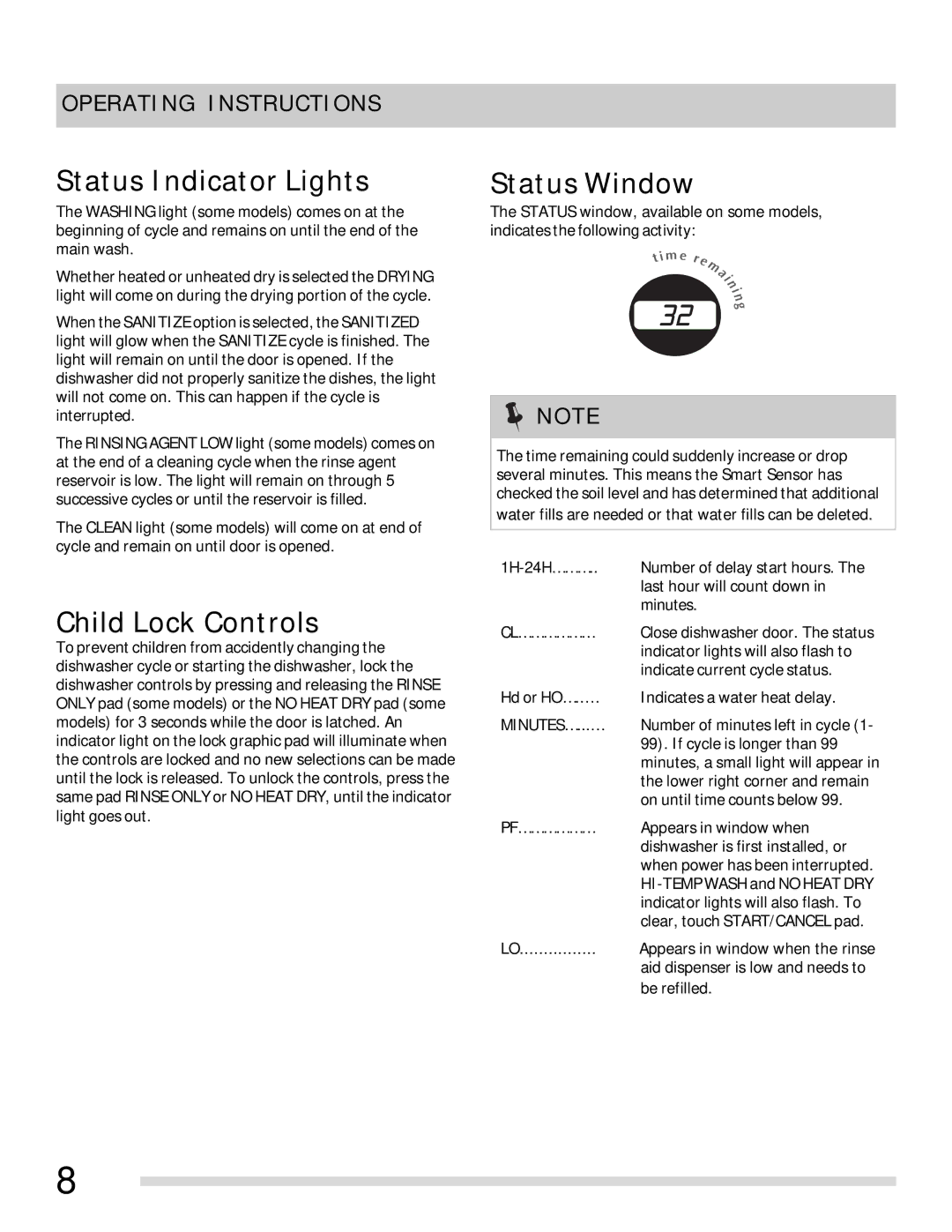 Frigidaire FGBD2431KF, FGBD2431KW, FGBD2431KB, 154881901 Status Indicator Lights, Child Lock Controls, Status Window 