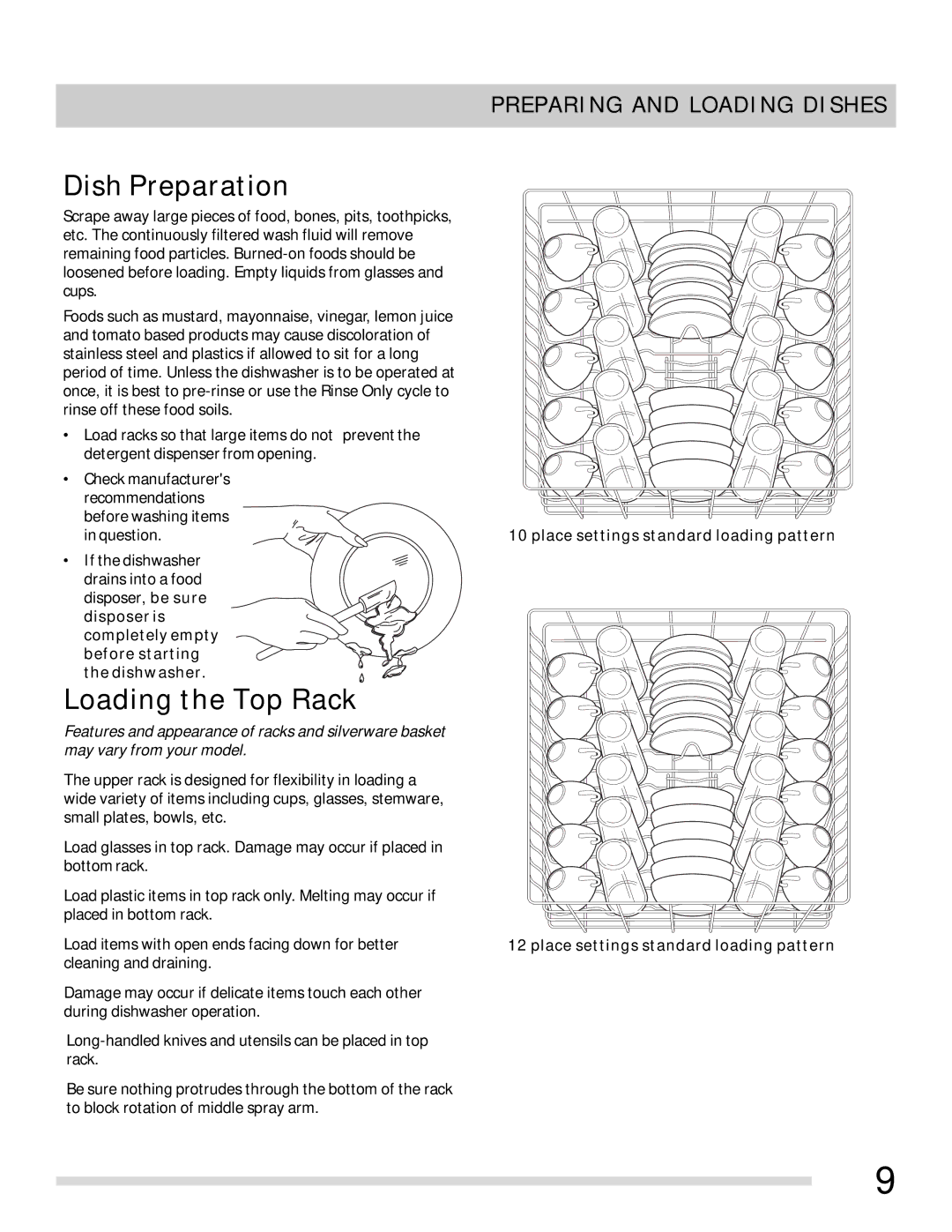 Frigidaire FGBD2431KW, FGBD2431KF, FGBD2431KB Dish Preparation, Loading the Top Rack, Preparing and Loading Dishes 