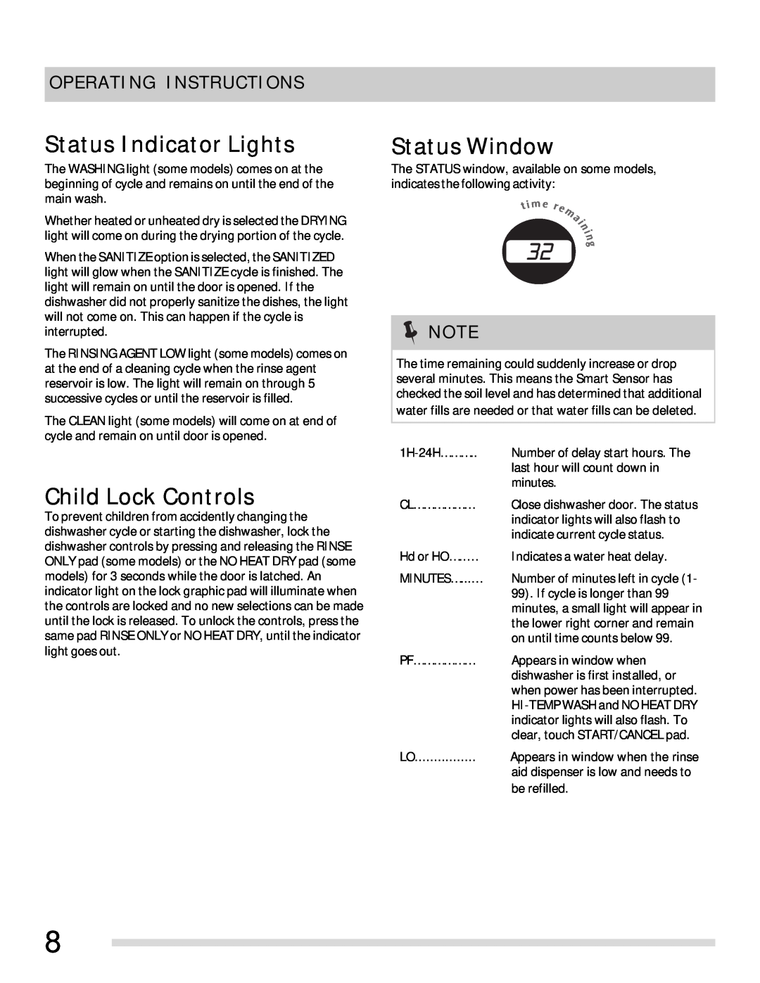 Frigidaire FGBD2431KF, FGBD2431KW Status Indicator Lights, Child Lock Controls, Status Window, Operating Instructions 
