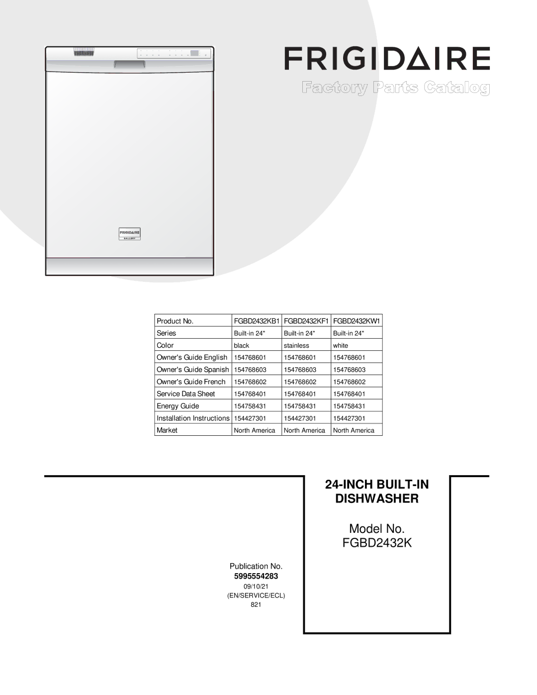 Frigidaire FGBD2432K installation instructions Dishwasher 