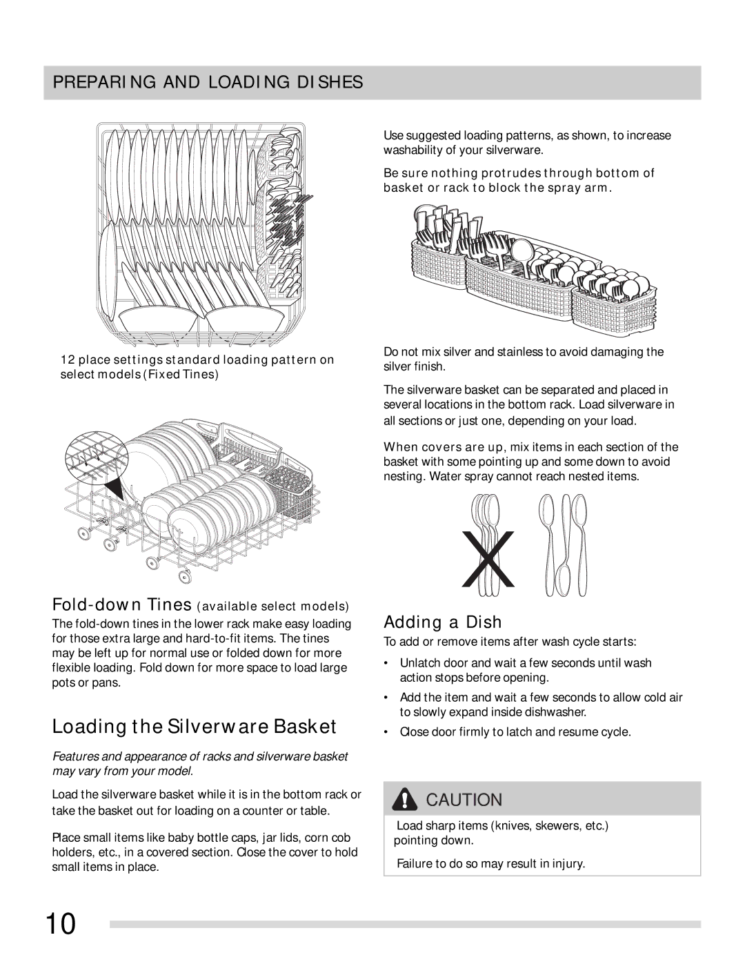 Frigidaire FGBD2435NB, FGBD2435NF, FGBD2435NW, FGBD2431NB, FGBD2431NF, FGBD2431NW Loading the Silverware Basket, Adding a Dish 