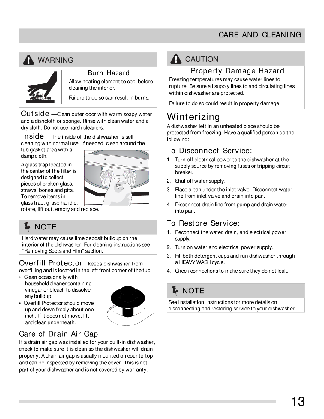 Frigidaire 154889301, FGBD2435NF, FGBD2435NW, FGBD2431NB, FGBD2435NB, FGBD2431NF, FGBD2431NW Winterizing, Care and Cleaning 