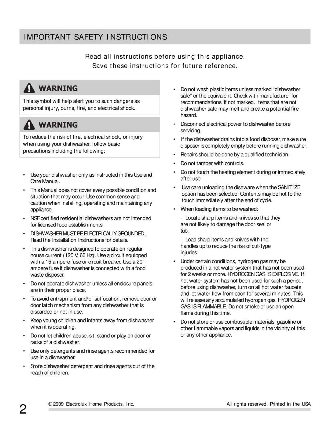 Frigidaire FGBD2431NB, FGBD2435NF, FGBD2435NW, FGBD2435NB, FGBD2431NF, FGBD2431NW, 154889301 Important Safety Instructions 