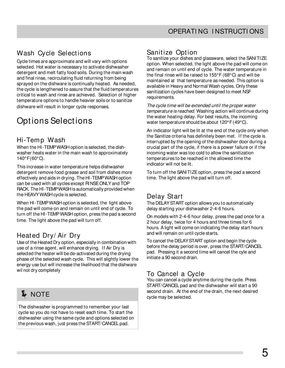 Frigidaire FGBD2431NW, FGBD2435NF, FGBD2435NW, FGBD2431NB, FGBD2435NB, FGBD2431NF Options Selections, Operating Instructions 